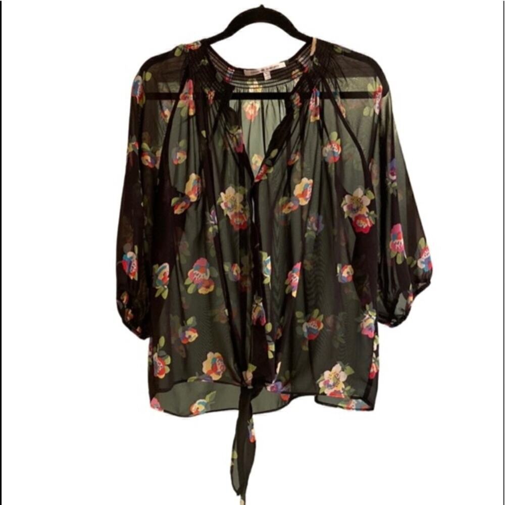 Collective Concepts Women’s Sheer Floral Button Up Tie Front Black Blouse Size L
